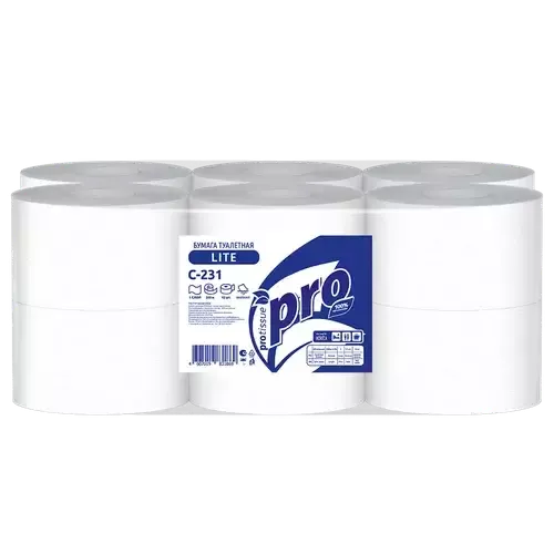 Туалетная бумага PROtissue Lite на втулке белая для диспенсера 1-сл 200м /12/