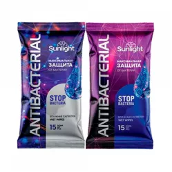 Влажные салфетки 15шт Antibacterial Violet/Blue (шоу-бокс), SUNLIGHT /144