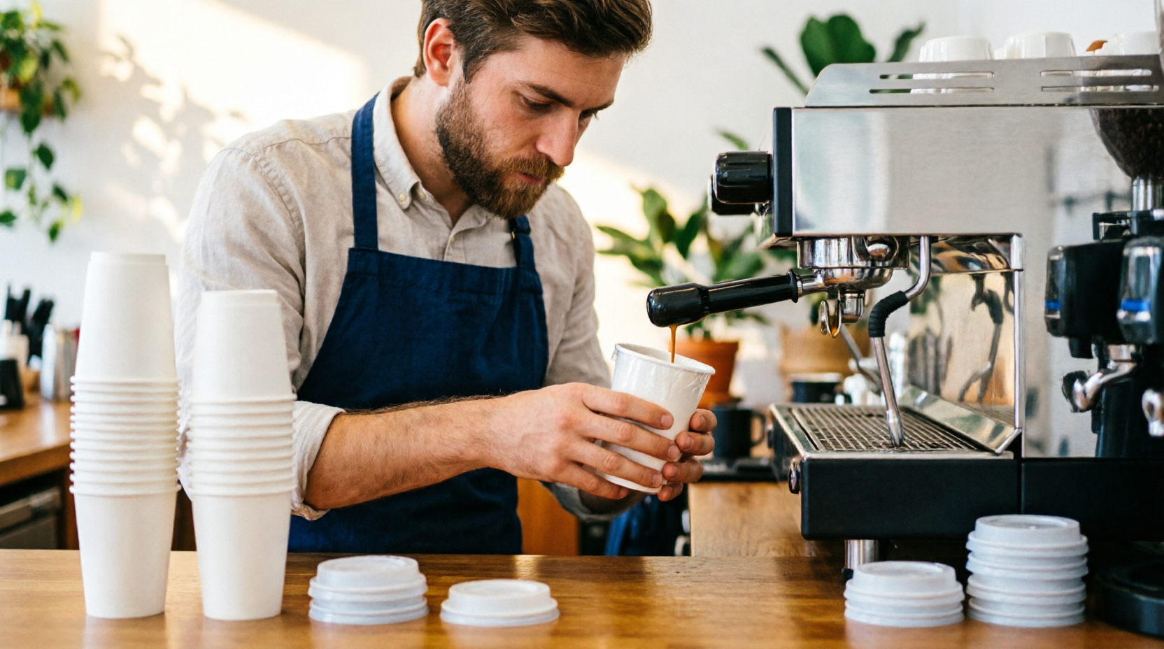 barista-gotovit-kofe-na-vynos-v-kofemashine